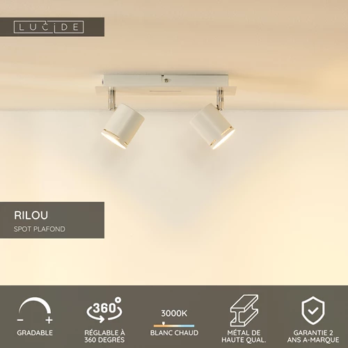 Lucide RILOU - Spot plafond - LED Dim. - GU10 - 2x5W 3000K - Blanc - USP